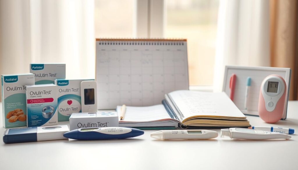 A detailed still life of various ovulation tracking methods arranged on a clean, bright tabletop. In the foreground, an array of ovulation test kits, digital fertility monitors, and basal body temperature thermometers. In the middle ground, a calendar and a journal with handwritten notes. In the background, a soft, diffused natural light filters through a window, creating a warm and soothing atmosphere. The composition emphasizes the tools and techniques used to monitor the menstrual cycle, conveying a sense of organization and mindfulness around fertility awareness.