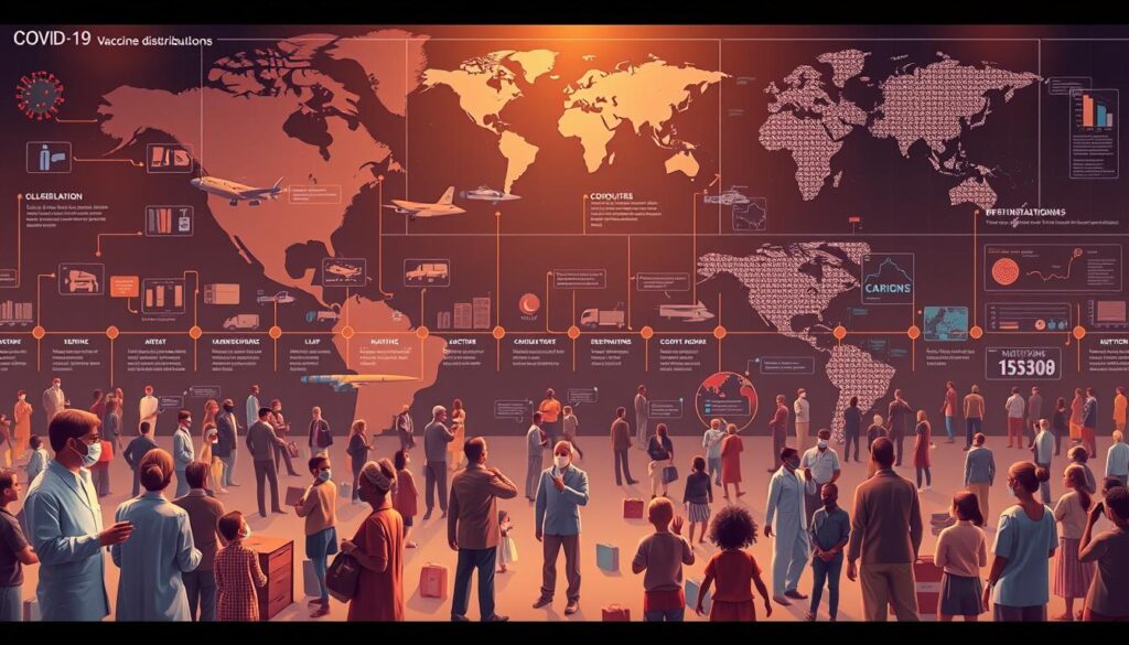 A detailed timeline of COVID-19 vaccine distribution efforts, captured in a cinematic digital illustration. The foreground showcases the global rollout of vaccines, with medical personnel administering doses to diverse populations. The middle ground depicts the supply chain logistics, transportation, and storage of vaccine doses. The background features world maps and data visualizations tracking vaccination progress across nations. Warm, diffused lighting illuminates the scene, creating a sense of hope and unity in the face of the pandemic. Capturing the scale and complexity of this historic endeavor, the image conveys the collaborative, multinational effort to safeguard public health. A detailed timeline of COVID-19 vaccine distribution efforts, captured in a cinematic digital illustration. The foreground showcases the global rollout of vaccines, with medical personnel administering doses to diverse populations. The middle ground depicts the supply chain logistics, transportation, and storage of vaccine doses. The background features world maps and data visualizations tracking vaccination progress across nations. Warm, diffused lighting illuminates the scene, creating a sense of hope and unity in the face of the pandemic. Capturing the scale and complexity of this historic endeavor, the image conveys the collaborative, multinational effort to safeguard public health.