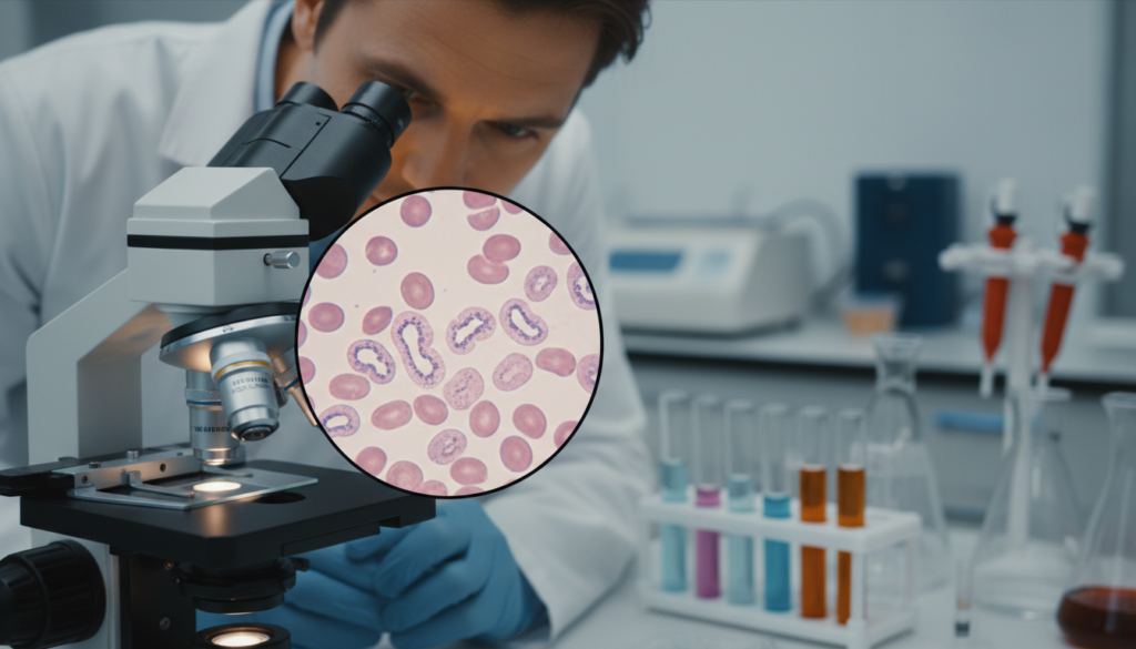 A detailed view of a microscopic blood smear examination, focusing on band neutrophils. In the foreground, a high-resolution microscope with a prepared slide showing distinct band neutrophils, characterized by their horseshoe-shaped nuclei. The middle layer features a lab technician in professional attire, carefully observing the slide, their face illuminated by soft, warm lighting that emphasizes concentration. In the background, laboratory equipment such as test tubes and centrifuges are slightly blurred to enhance the depth of field. The atmosphere is clinical yet calm, with a focus on scientific precision and discovery. The image captures the essence of medical diagnostics, emphasizing the importance of identifying band neutrophils in blood tests. A detailed view of a microscopic blood smear examination, focusing on band neutrophils. In the foreground, a high-resolution microscope with a prepared slide showing distinct band neutrophils, characterized by their horseshoe-shaped nuclei. The middle layer features a lab technician in professional attire, carefully observing the slide, their face illuminated by soft, warm lighting that emphasizes concentration. In the background, laboratory equipment such as test tubes and centrifuges are slightly blurred to enhance the depth of field. The atmosphere is clinical yet calm, with a focus on scientific precision and discovery. The image captures the essence of medical diagnostics, emphasizing the importance of identifying band neutrophils in blood tests.