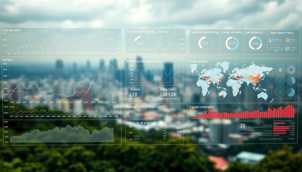 A detailed visualization of epidemiological trends and public health insights. A panoramic view of a data-rich landscape, with elegant line charts, scatter plots, and heat maps depicting the evolution of SARS-CoV-2 over time. The foreground showcases key metrics like case counts, hospitalization rates, and mortality trends, while the middle ground features geographic visualizations tracking the spread of major variants. In the background, a blurred cityscape represents the real-world impact on communities. Soft, diffused lighting casts an analytical, yet thoughtful tone, as if peering into a comprehensive public health dashboard. The overall composition conveys the complexity and importance of epidemiological monitoring for informed decision-making.