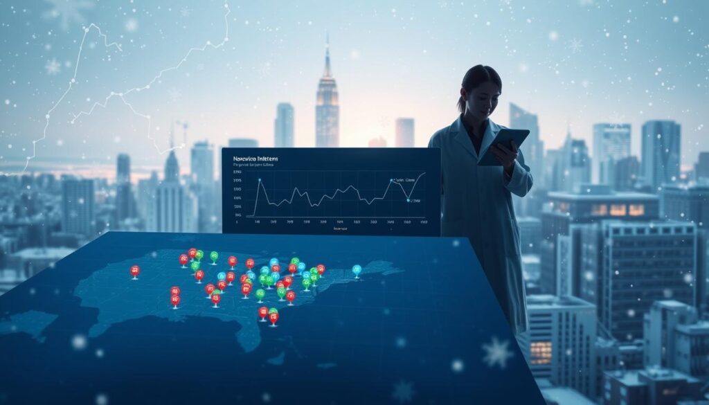 A detailed visualization of norovirus infection outbreak patterns and surveillance data. In the foreground, illustrate a digital map displaying outbreak hotspots with various colored icons indicating severity. In the middle, incorporate a graph showing infection rates over time, with a clean, modern design. Add a faint silhouette of a healthcare professional dressed in a lab coat, analyzing data on a tablet, symbolizing active surveillance. The background should depict a cityscape during winter, with falling snowflakes to evoke the season associated with outbreaks. Use a cool color palette dominated by blues and grays, with bright accents to emphasize data points. Soft, diffused lighting conveys a sense of seriousness and urgency, focusing attention on the data while maintaining a professional atmosphere. A detailed visualization of norovirus infection outbreak patterns and surveillance data. In the foreground, illustrate a digital map displaying outbreak hotspots with various colored icons indicating severity. In the middle, incorporate a graph showing infection rates over time, with a clean, modern design. Add a faint silhouette of a healthcare professional dressed in a lab coat, analyzing data on a tablet, symbolizing active surveillance. The background should depict a cityscape during winter, with falling snowflakes to evoke the season associated with outbreaks. Use a cool color palette dominated by blues and grays, with bright accents to emphasize data points. Soft, diffused lighting conveys a sense of seriousness and urgency, focusing attention on the data while maintaining a professional atmosphere.