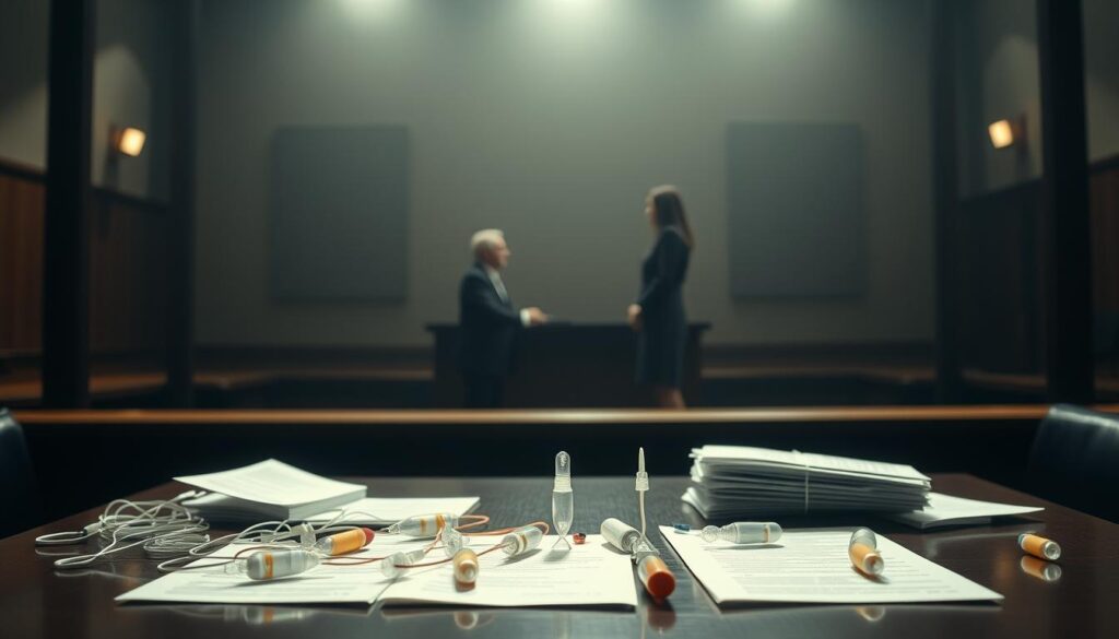 A dimly lit courtroom scene, with a table in the foreground displaying various IUD medical devices and legal documents. In the middle ground, two lawyers stand facing each other, engaged in an intense discussion. The background is hazy, with a sense of looming legal proceedings and the weight of complex medical-legal cases. Soft shadows cast across the room, emphasizing the gravity of the situation. The overall mood is one of seriousness and high-stakes litigation surrounding the impacts of IUD devices. A dimly lit courtroom scene, with a table in the foreground displaying various IUD medical devices and legal documents. In the middle ground, two lawyers stand facing each other, engaged in an intense discussion. The background is hazy, with a sense of looming legal proceedings and the weight of complex medical-legal cases. Soft shadows cast across the room, emphasizing the gravity of the situation. The overall mood is one of seriousness and high-stakes litigation surrounding the impacts of IUD devices.