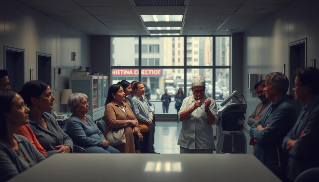 A dimly lit hospital interior with a welcoming reception desk in the foreground. Patients of diverse ages and backgrounds wait patiently, their expressions conveying a mix of hope and concern. In the middle ground, a nurse administers a vaccine to an elderly patient, their interaction conveying a sense of care and reassurance. The background features modern medical equipment, shelves of supplies, and a large window offering a glimpse of a bustling city street outside. Soft lighting and a muted color palette create a sense of professionalism and trust, reflecting the scene's focus on accessible and equitable healthcare.