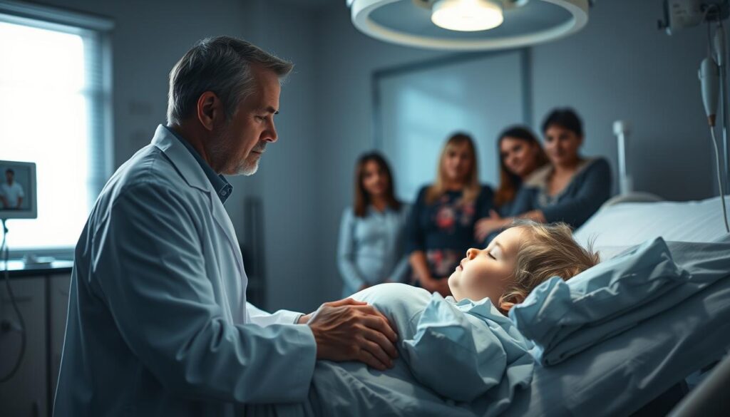 A dimly lit hospital room, the soft glow of medical equipment casting a warm, comforting light. In the foreground, a doctor in a white coat examines a young patient, their expression conveying a sense of focused care and determination. The patient, lying peacefully on a hospital bed, appears serene, their face reflecting a newfound hope. In the background, a family gathers, their posture conveying a mixture of concern and optimism, as they witness the latest advancements in Leigh syndrome treatment. The scene evokes a sense of progress and the unwavering resilience of the human spirit in the face of adversity. A dimly lit hospital room, the soft glow of medical equipment casting a warm, comforting light. In the foreground, a doctor in a white coat examines a young patient, their expression conveying a sense of focused care and determination. The patient, lying peacefully on a hospital bed, appears serene, their face reflecting a newfound hope. In the background, a family gathers, their posture conveying a mixture of concern and optimism, as they witness the latest advancements in Leigh syndrome treatment. The scene evokes a sense of progress and the unwavering resilience of the human spirit in the face of adversity.