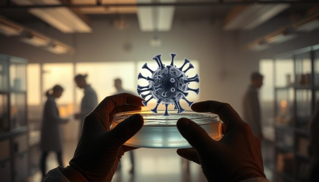 A dimly lit laboratory setting, with a central focus on a microscopic view of a zoonotic coronavirus particle. The particle is rendered in intricate detail, its spike proteins protruding outwards, ready to latch onto a host cell. In the foreground, a pair of gloved hands handle a petri dish, carefully examining the sample. The background is hazy, with shadowy silhouettes of scientists moving about, lending an atmosphere of scientific investigation and discovery. Soft, warm lighting casts a subtle glow, conveying a sense of urgency and importance surrounding the transmission mechanisms of this emerging virus. A dimly lit laboratory setting, with a central focus on a microscopic view of a zoonotic coronavirus particle. The particle is rendered in intricate detail, its spike proteins protruding outwards, ready to latch onto a host cell. In the foreground, a pair of gloved hands handle a petri dish, carefully examining the sample. The background is hazy, with shadowy silhouettes of scientists moving about, lending an atmosphere of scientific investigation and discovery. Soft, warm lighting casts a subtle glow, conveying a sense of urgency and importance surrounding the transmission mechanisms of this emerging virus.