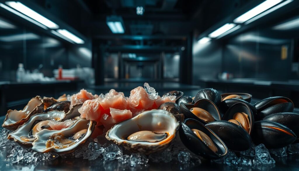 A dimly lit laboratory setting, with stainless steel countertops and scientific equipment in the background. Prominently displayed in the foreground are various types of raw shellfish, such as oysters, clams, and mussels, surrounded by droplets of water and ice. The lighting is moody and dramatic, casting shadows that emphasize the textural details of the seafood. The overall atmosphere conveys a sense of potential health risks associated with the improper handling or consumption of these raw, uncooked products. The image should effectively illustrate the "Causes and Risk Factors for Vibrio Infections" section of the article.