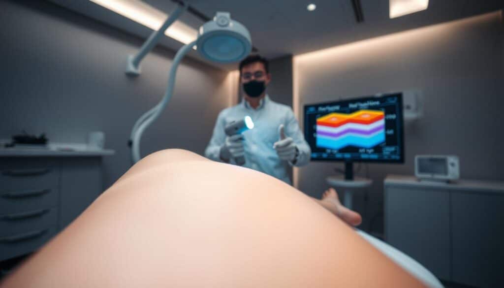 A dimly lit medical clinic interior, with modern equipment and sleek surfaces. In the foreground, a close-up view of a patient's leg, the skin glowing with a soft, even tone. In the middle ground, a medical professional holding a laser hair removal device, its beam of light illuminating the treatment area. In the background, a display screen showing detailed visualizations of the skin's layers, highlighting factors like hair follicle density, melanin concentration, and skin sensitivity. The scene conveys a sense of precision, professionalism, and the careful consideration of individual patient needs.