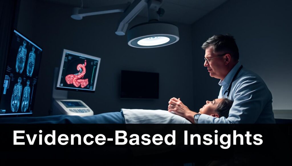 A dimly lit medical examination room, with a patient lying on a table as a doctor performs an artery screening procedure. The doctor uses advanced imaging equipment, such as an ultrasound machine, to carefully examine the patient's arteries, searching for any signs of plaque buildup or blockages. The room is filled with a sense of focus and concentration, with the doctor's brow furrowed in deep thought as they interpret the scan results. The patient's expression is one of slight apprehension, but they trust the doctor's expertise. Soft, directional lighting casts subtle shadows, emphasizing the gravity of the situation and the importance of the test. The overall atmosphere conveys the seriousness and significance of the artery screening process, reflecting the "Evidence-Based Insights" theme.