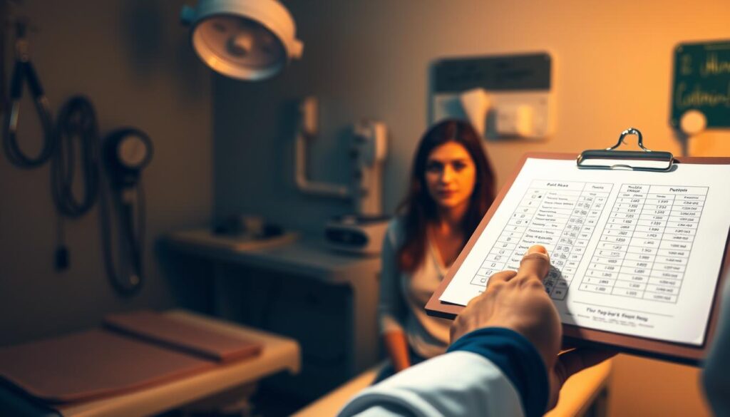 A dimly lit medical examination room, with a woman sitting on an examination table, her face expression showing concern and anxiety. In the foreground, a doctor's hand holds a clipboard with test results, their face hidden in shadow. The background is blurred, hinting at various medical equipment and instruments. Soft, warm lighting casts a slight glow, creating an atmosphere of thoughtful contemplation. The scene conveys a sense of professional expertise and the woman's need for guidance during this diagnostic process.