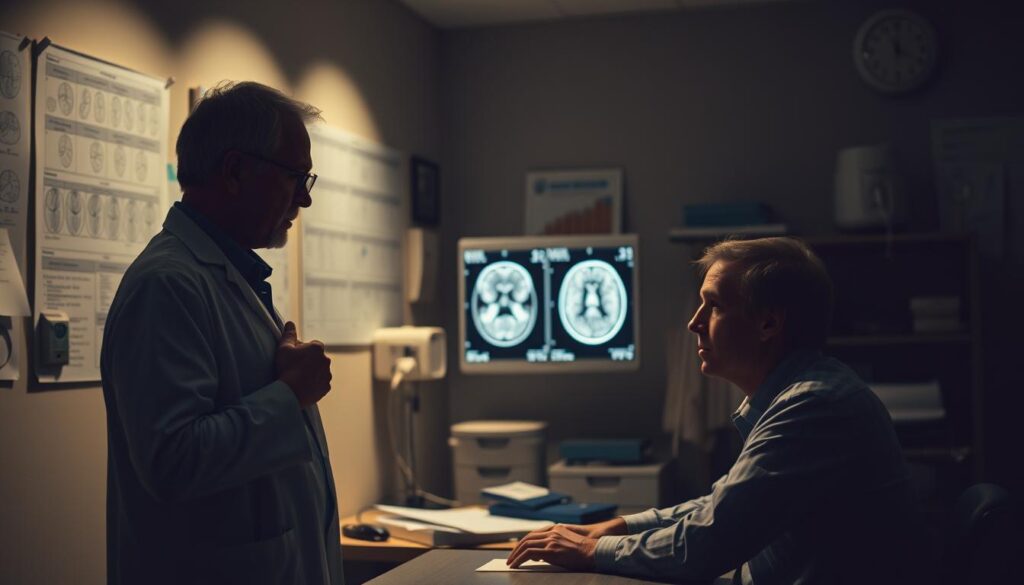 A dimly lit medical office, the walls adorned with diagnostic charts and equipment. In the foreground, a concerned-looking doctor gestures towards a patient's brain scan, deep in contemplation. The patient, seated across the desk, appears apprehensive, their expression reflecting the challenges of navigating the complexities of Lewy body dementia. Soft, directional lighting casts shadows, creating a sense of depth and drama. The scene conveys the gravity of the diagnostic process, the doctor's focused attention, and the patient's uncertainty, encapsulating the essence of the "Diagnostic Approaches and Challenges" section.