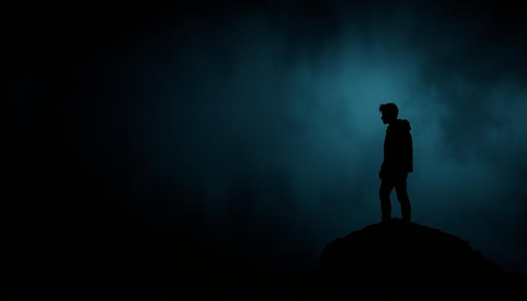 A dimly lit scene depicting a person standing at the edge of a precipice, peering into the abyss. The figure appears anxious, with a sense of trepidation and uncertainty etched on their face. The background is shrouded in mist, creating an ominous and unsettling atmosphere. The lighting is harsh, casting deep shadows that accentuate the subject's features and the sense of danger. The camera angle is positioned slightly below the figure, adding to the feeling of precariousness and risk. The overall composition conveys the notion of "risk higher risk," reflecting the fragility of the situation and the potential for grave consequences.