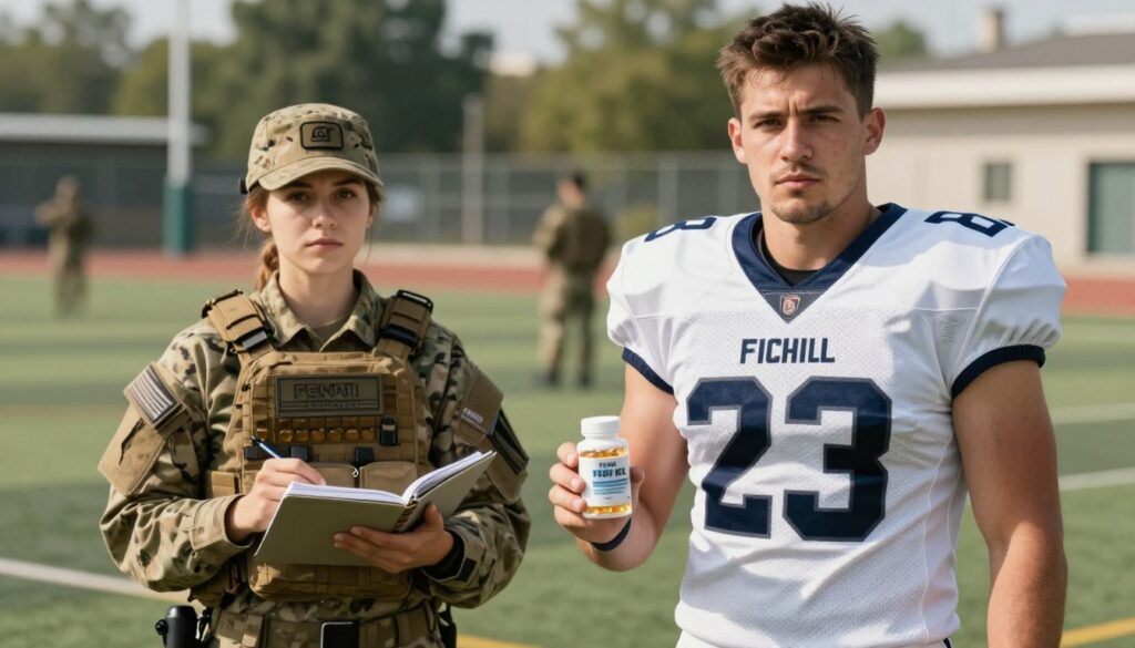A dynamic composition illustrating the benefits of fish oil in preventing brain injuries among athletes and military personnel. Foreground: a focused, athletic male football player in a modern uniform, standing confidently with a bottle of fish oil capsules in one hand, symbolizing strength and health. Middle-ground: a female soldier in tactical gear, gazing thoughtfully at the camera while holding a notebook, representing research and innovation. Background: a blurred sports field and a military training area, evoking a sense of dedication and resilience. Use natural daylight to create a warm, inviting atmosphere, with soft shadows. The scene captures a blend of professional determination and commitment to well-being, emphasizing the importance of fish oil in these high-performance environments.