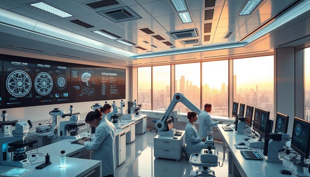 A futuristic laboratory filled with advanced medical equipment and cutting-edge technology. The room is bathed in a soft, warm glow from overhead lighting, casting an inviting and scientific atmosphere. In the foreground, a team of researchers in white lab coats diligently examines samples under high-powered microscopes. Intricate diagrams and holographic displays line the walls, showcasing the latest breakthroughs in thyroid treatment research. In the middle ground, a sleek, high-tech robotic arm precisely manipulates delicate instruments, while a bank of computers monitors the ongoing experiments. The background features a panoramic view of the city skyline through large windows, hinting at the laboratory's place at the forefront of medical innovation. A futuristic laboratory filled with advanced medical equipment and cutting-edge technology. The room is bathed in a soft, warm glow from overhead lighting, casting an inviting and scientific atmosphere. In the foreground, a team of researchers in white lab coats diligently examines samples under high-powered microscopes. Intricate diagrams and holographic displays line the walls, showcasing the latest breakthroughs in thyroid treatment research. In the middle ground, a sleek, high-tech robotic arm precisely manipulates delicate instruments, while a bank of computers monitors the ongoing experiments. The background features a panoramic view of the city skyline through large windows, hinting at the laboratory's place at the forefront of medical innovation.