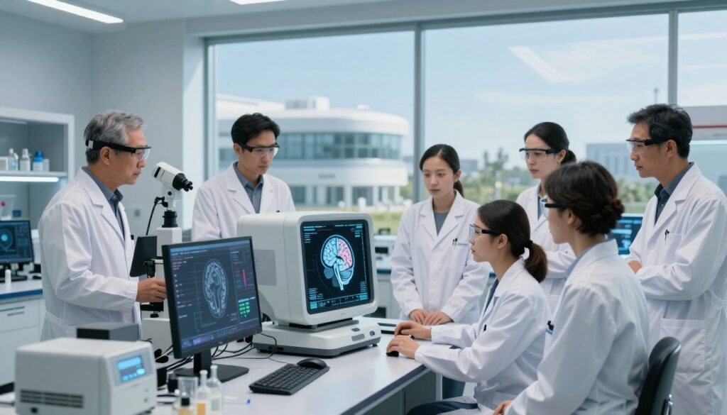 A futuristic laboratory focused on brain trauma research, showcasing advanced protective gear and technology. In the foreground, a diverse group of researchers in professional attire examines a high-tech brain imaging device. The middle ground features a sleek, modern workstation filled with digital screens displaying brain data and graphs, emphasizing ongoing clinical trials. In the background, large windows reveal a view of a cutting-edge research facility, bathed in soft, natural light. The atmosphere is one of innovation and hope, with a clear blue sky visible outside, suggesting a bright future for research in brain protection. The composition should be dynamic, with a focus on the collaborative spirit of scientific discovery, captured from a slightly elevated angle to emphasize the depth of the lab environment.