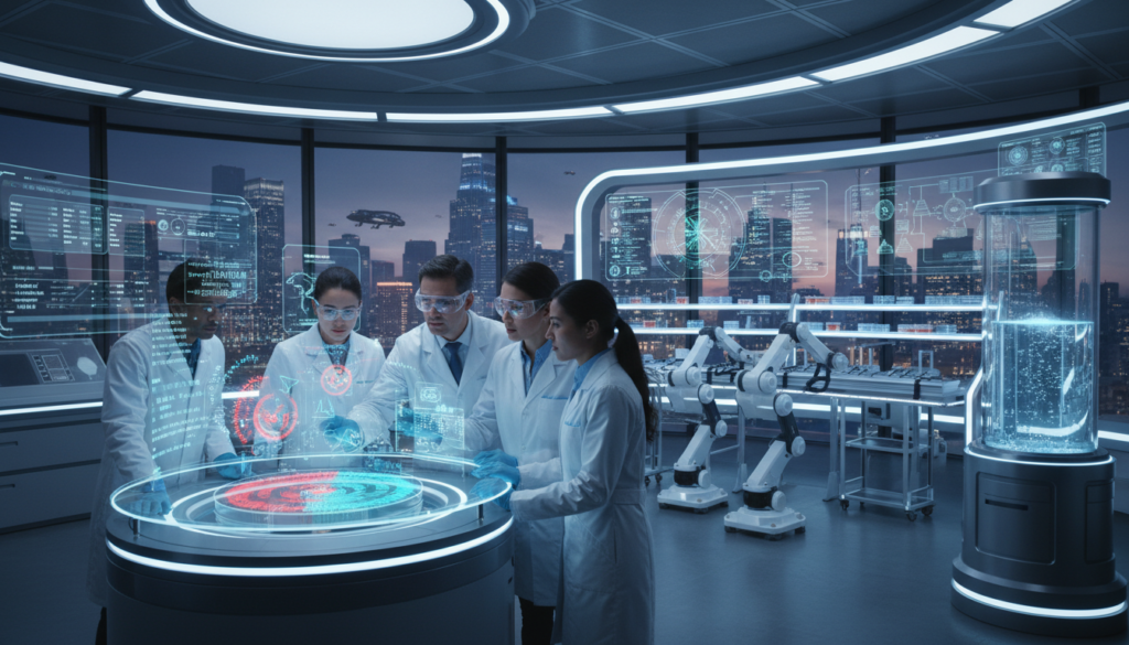 A futuristic laboratory scene illustrating advanced blood culture testing and bacteremia detection. In the foreground, a diverse team of scientists, dressed in professional lab coats, collaborate over a high-tech blood culture analyzer displaying vibrant, holographic data and colorful growth patterns. In the middle ground, state-of-the-art equipment and screens showcase automated processes, with bright LED lights casting a clinical yet inspiring ambiance. The background features large glass windows with city skyline views, hinting at a world where technology seamlessly integrates with medical advancements. The lighting is bright and focused, creating an atmosphere of innovation and hope, while a soft depth of field effect highlights the foreground action. The overall mood is optimistic, captured in sharp resolution to enhance detail and clarity. A futuristic laboratory scene illustrating advanced blood culture testing and bacteremia detection. In the foreground, a diverse team of scientists, dressed in professional lab coats, collaborate over a high-tech blood culture analyzer displaying vibrant, holographic data and colorful growth patterns. In the middle ground, state-of-the-art equipment and screens showcase automated processes, with bright LED lights casting a clinical yet inspiring ambiance. The background features large glass windows with city skyline views, hinting at a world where technology seamlessly integrates with medical advancements. The lighting is bright and focused, creating an atmosphere of innovation and hope, while a soft depth of field effect highlights the foreground action. The overall mood is optimistic, captured in sharp resolution to enhance detail and clarity.
