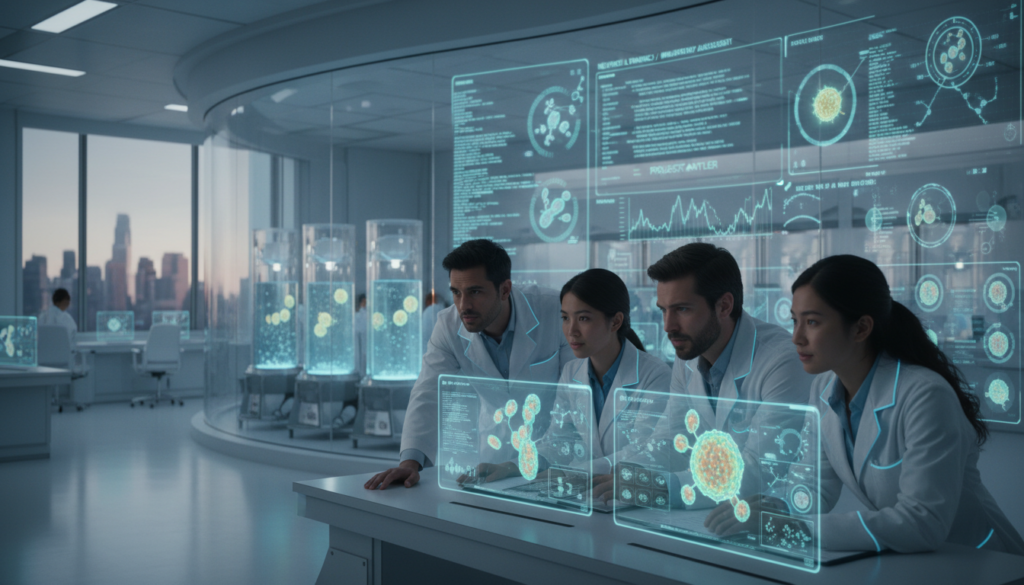 A futuristic laboratory setting focused on advanced neutrophil research. In the foreground, a team of diverse scientists dressed in professional lab coats examines high-tech imaging equipment that displays vibrant images of band neutrophils. The middle ground features glass containers with samples illuminated by soft, bluish lighting, highlighting detailed cellular structures. In the background, a digital interface displays complex data and visualizations about neutrophil behavior, set against sleek, modern laboratory architecture. The atmosphere is one of innovation and collaboration, evoking a sense of hope and potential in medical research. The lighting is bright yet soft, creating an engaged and focused mood, with a slight depth of field to emphasize the foreground activity. A futuristic laboratory setting focused on advanced neutrophil research. In the foreground, a team of diverse scientists dressed in professional lab coats examines high-tech imaging equipment that displays vibrant images of band neutrophils. The middle ground features glass containers with samples illuminated by soft, bluish lighting, highlighting detailed cellular structures. In the background, a digital interface displays complex data and visualizations about neutrophil behavior, set against sleek, modern laboratory architecture. The atmosphere is one of innovation and collaboration, evoking a sense of hope and potential in medical research. The lighting is bright yet soft, creating an engaged and focused mood, with a slight depth of field to emphasize the foreground activity.