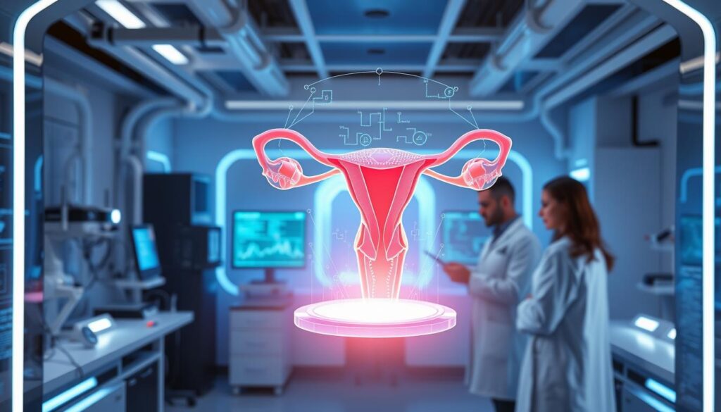 A futuristic medical laboratory with cutting-edge equipment and researchers in white coats examining data on holographic displays. In the foreground, a 3D model of the female reproductive system hovers, showcasing the latest PCOS research innovations. The background is a clean, minimalist space bathed in cool, blue-tinged lighting, conveying a sense of scientific progress and breakthroughs in PCOS treatment. The overall atmosphere is one of clinical precision, technological advancement, and the promise of improved healthcare for those affected by PCOS.