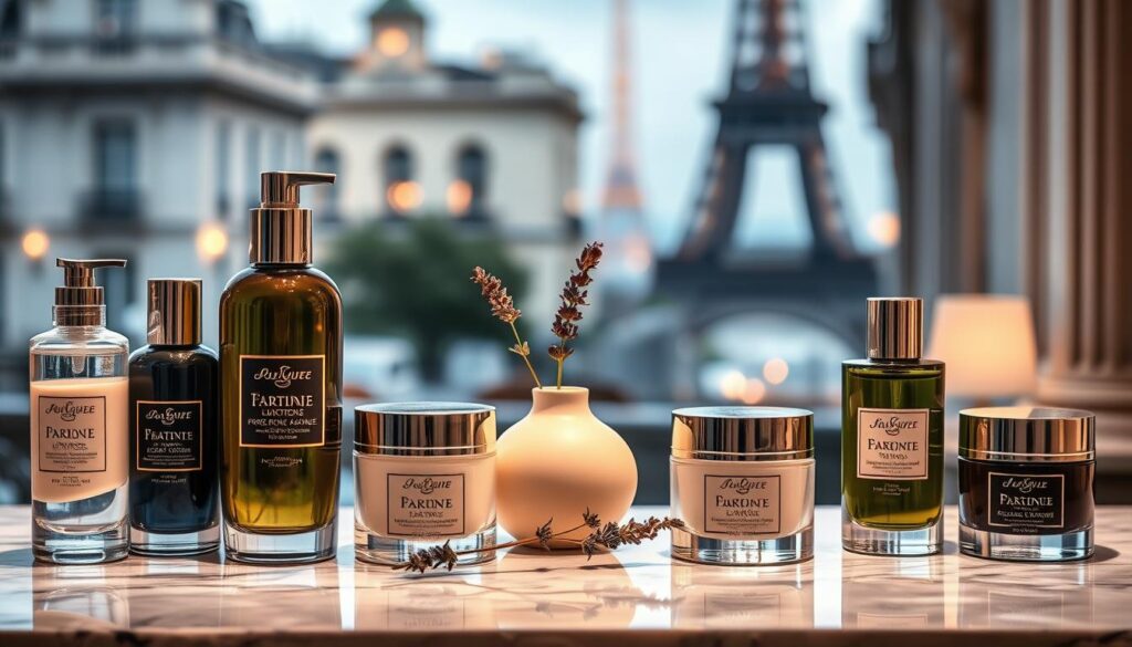 A glamorous, high-end French skincare still life set on a luxurious marble countertop. In the foreground, elegant glass bottles and jars of premium skincare products, their labels embossed with Parisian elegance. Soft, warm lighting casts a subtle glow, highlighting the rich textures and colors of the products. In the middle ground, a delicate sprig of lavender and a minimalist, chic cream-colored vase. The background is a blurred, sophisticated Parisian setting, with hints of ornate architecture and a glimpse of the Eiffel Tower in the distance. The overall atmosphere radiates a sense of timeless sophistication and the allure of French beauty.