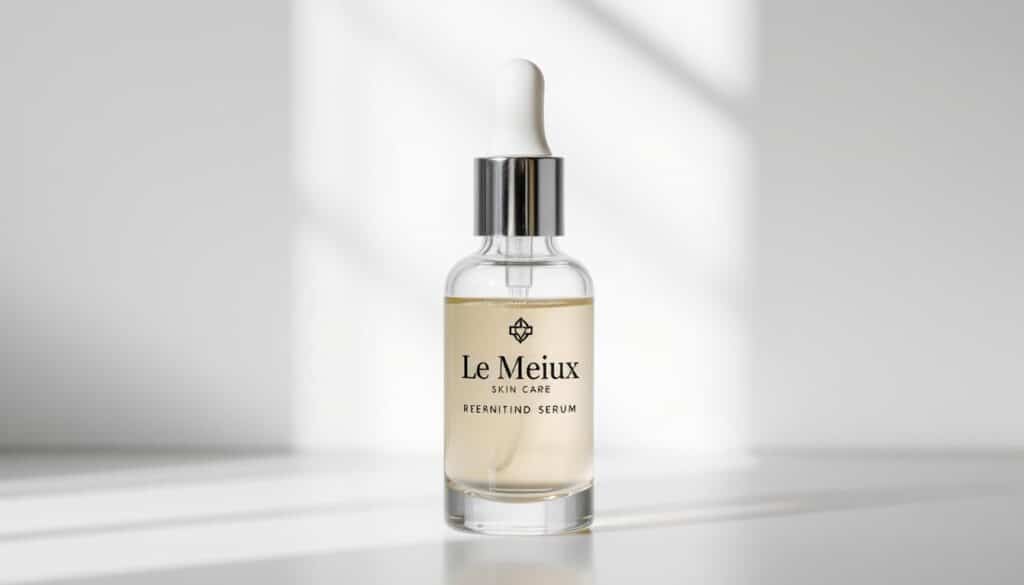 A glass bottle with a dropper lid prominently displays the "Le Mieux Skin Care" brand name, set against a clean, minimalist background. The bottle is illuminated by soft, diffused natural lighting, casting gentle shadows and highlighting the product's luxurious packaging. The serum itself has a luminous, translucent quality, hinting at its nourishing properties. The overall composition conveys a sense of sophistication, effectiveness, and the transformative power of the Le Mieux skincare line.