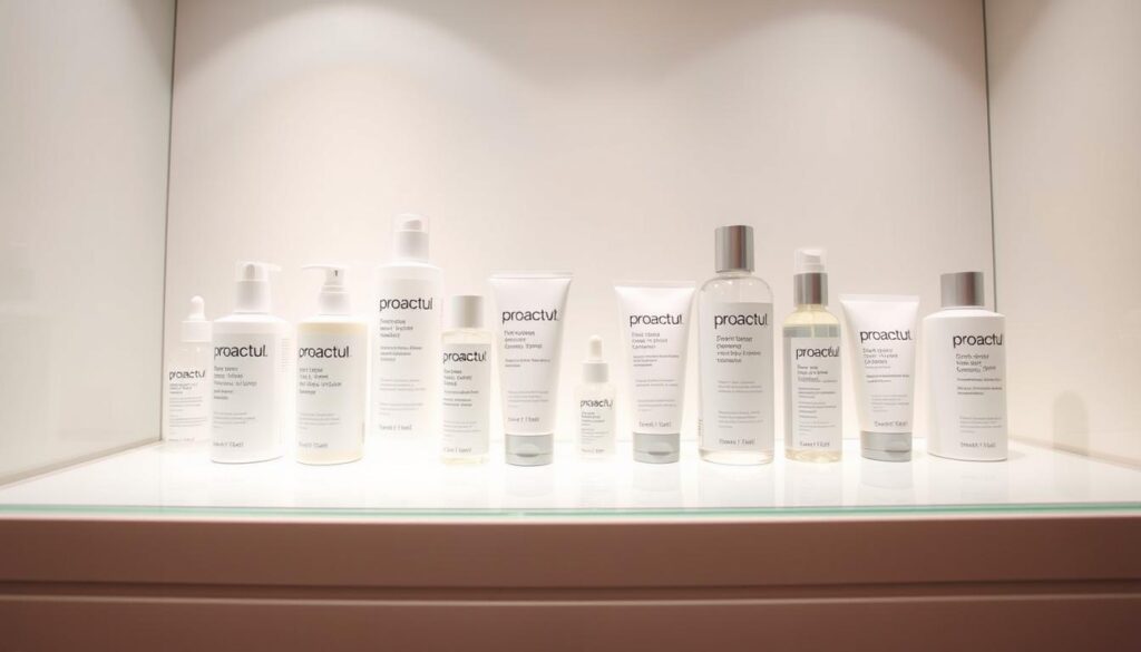 A glass display case filled with various Proactiv skin care products, including bottles of cleansers, toners, and acne treatments, arranged neatly against a soft, diffused lighting. The items are presented on a clean, minimalist white surface, with a slight reflection visible below, creating a sense of depth and balance. The overall mood is clinical yet inviting, emphasizing the products' efficacy and safety. The camera angle is slightly low, capturing the products from a slightly elevated perspective, conveying a sense of authority and professionalism. The lighting is soft and even, with a subtle warm tone, highlighting the packaging and textures of the products.