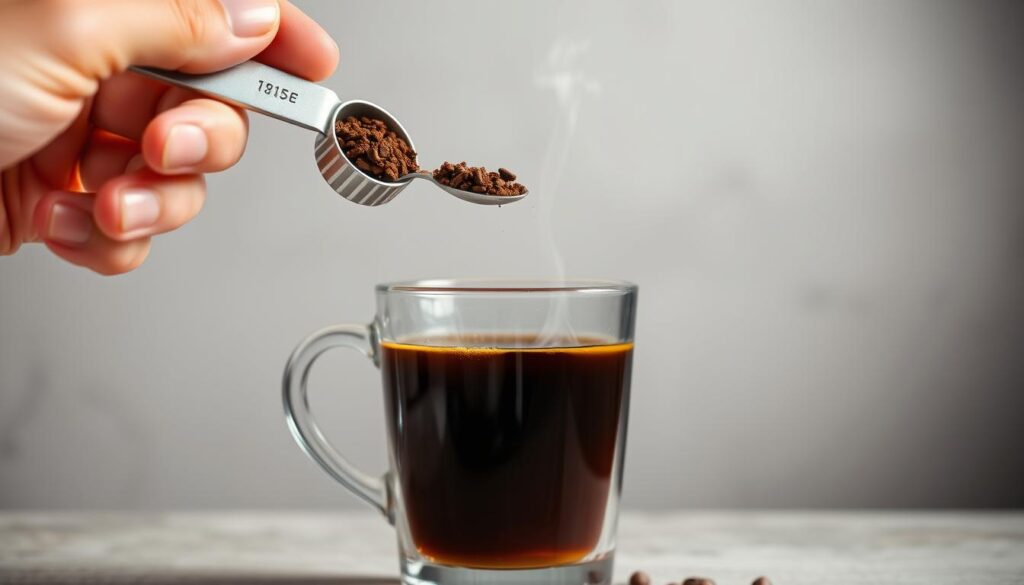 A glass filled to the brim with freshly brewed coffee, steam gently rising, set against a minimalist background with muted tones. In the foreground, a hand holds a measuring spoon, poised to add the perfect amount of coffee grounds. The lighting is soft and natural, highlighting the rich hues of the liquid and the subtle textures of the ceramic mug. The overall scene conveys a sense of balance and moderation, suggesting the optimal level of coffee consumption for one's health and well-being.