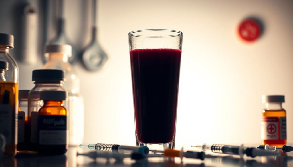 A glass filled with deep purple grape juice, casting a soft, warm glow against a clinical, sterile medical backdrop. In the foreground, an assortment of medication bottles and syringes, hinting at the potential side effects of consuming grape juice as an alternative treatment for erectile dysfunction. The lighting is low-key, creating a sense of tension and unease, emphasizing the importance of medical oversight when exploring unconventional remedies. The composition is balanced, with the grape juice as the central focus, surrounded by the symbolic elements of traditional pharmaceutical interventions. An image that cautions the viewer about the risks of self-medication and the need for professional guidance when addressing sensitive health concerns.