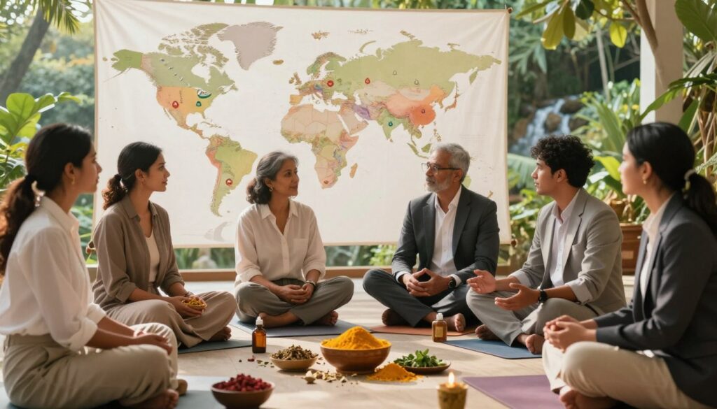 A harmonious blend of Eastern and Western wellness practices, showcasing the global influence of Ayurveda. In the foreground, a diverse group of individuals dressed in professional business attire are engaging in a vibrant discussion around Ayurvedic herbs and wellness practices, including a bowl of turmeric and a yoga mat. The middle ground features a large map of the world adorned with icons representing various countries, symbolizing Ayurveda's reach across borders. In the background, a tranquil natural setting underscores the calming essence of Ayurveda, with lush greenery and softly flowing water. Warm, natural lighting casts a serene glow, creating an inviting atmosphere. The overall mood is one of collaboration and respect for cultural heritage, highlighting Ayurveda's modern adaptations in global health practices.