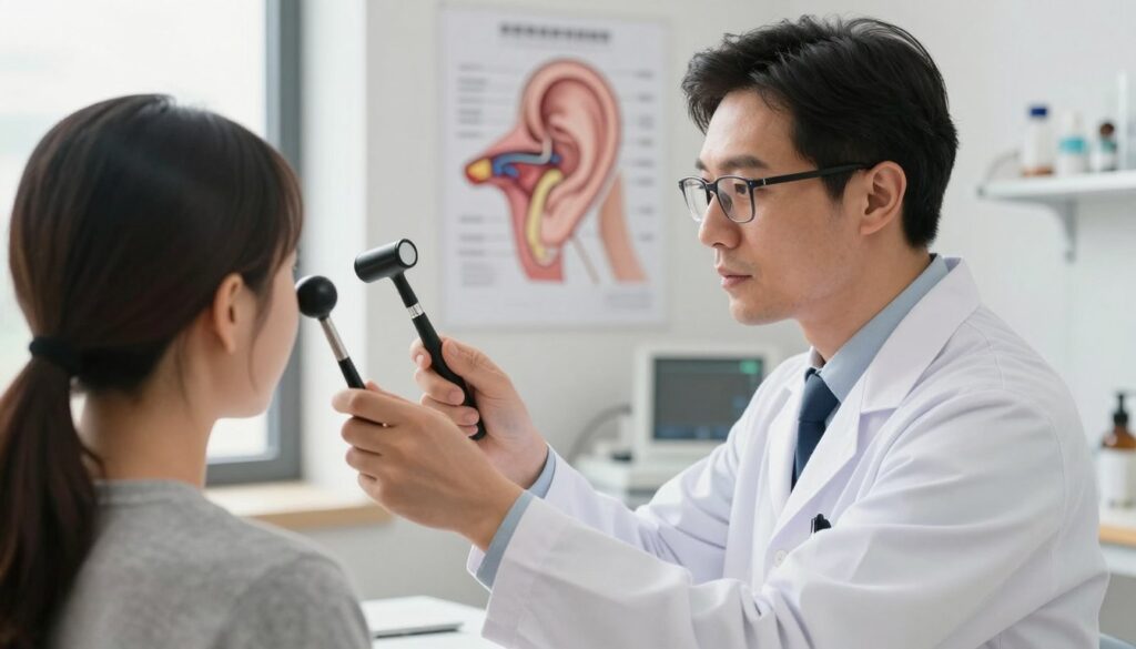 A healthcare professional, dressed in a smart white coat and glasses, is attentively examining a patient sitting in a well-lit examination room. The foreground features the doctor with a reflex hammer and an otoscope, focused on the patient’s ear. The middle ground contains a detailed anatomical chart of the human ear, highlighting inner ear structures and possible sound pathways. The background shows medical equipment and a serene window with soft natural light streaming in, creating a calm atmosphere. The overall mood is professional, conveying care and expertise in diagnosing ear issues related to popping noises.