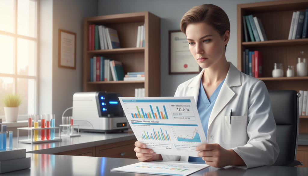 A healthcare provider attentively analyzing a detailed blood test report, prominently featuring MPV (Mean Platelet Volume) results. In the foreground, focus on a professional-looking doctor with short hair, dressed in a white lab coat, examining colorful charts and graphs that display variances in platelet volume. In the middle, highlight a sophisticated laboratory setting with high-tech equipment and test tubes, casting soft reflections on a glossy surface. The background reveals a well-organized medical workspace with shelves neatly stacked with medical books and reference materials. The lighting is bright yet warm, creating a focused atmosphere, reminiscent of an insightful medical examination, emphasizing professionalism and healthcare expertise.