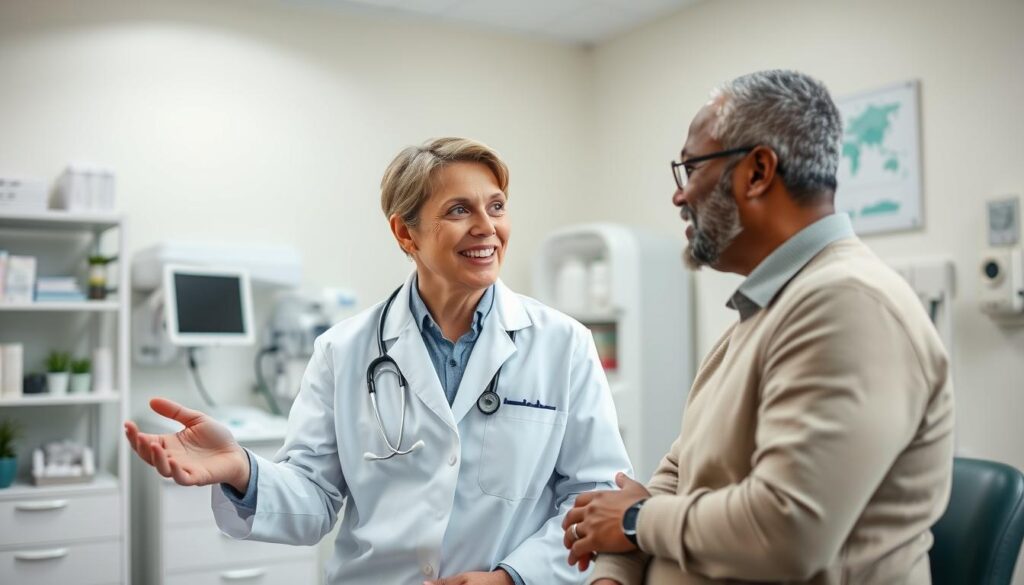 A healthcare provider in a white coat and stethoscope consults with a patient in a well-lit, modern medical office. The provider gestures emphatically while the patient listens intently, their faces conveying a sense of trust and open communication. The background features medical equipment, shelves of supplies, and calming pastel wall colors, creating an atmosphere of professionalism and comfort. Soft, directional lighting casts gentle shadows, highlighting the healthcare provider's attentive expression and the patient's engaged body language.