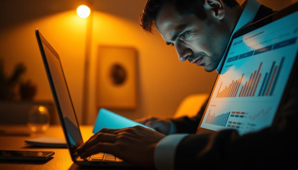 A high-contrast, cinematic close-up shot of a professional business consultant intently analyzing a detailed financial report on their laptop screen. The foreground is sharply focused, with the consultant's face and hands illuminated by the cool glow of the screen. The background is softly blurred, suggesting an office setting with minimalist decor and warm, directional lighting casting dramatic shadows. The overall mood is one of focused intensity and analytical precision, conveying the importance of thoroughly evaluating a business profile to assess its service quality and potential.