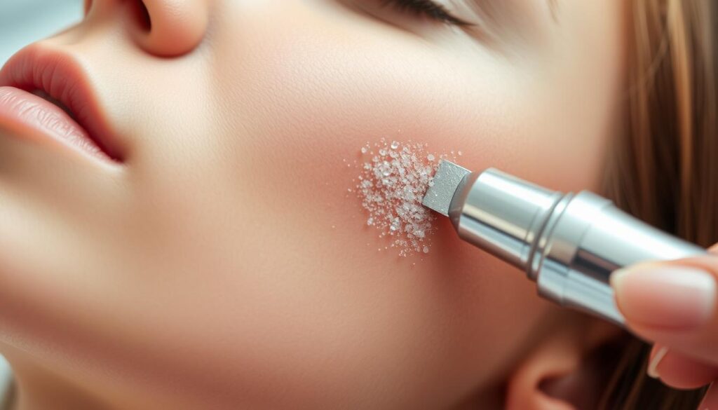 A high-contrast, close-up image of a woman's face undergoing a microdermabrasion treatment. The skin appears smooth and radiant, with a slight pinkish hue from the exfoliation. The foreground shows the woman's face in profile, with a metal tool gently gliding across her cheek, leaving a trail of freshly exfoliated skin. The middle ground focuses on the tool's tip and the fine crystals being used for the abrasion. The background is blurred, creating a soft, dreamlike atmosphere that emphasizes the treatment's soothing, therapeutic nature. Soft, diffused lighting illuminates the scene, casting subtle shadows and highlights to accentuate the skin's texture and the procedure's precision.