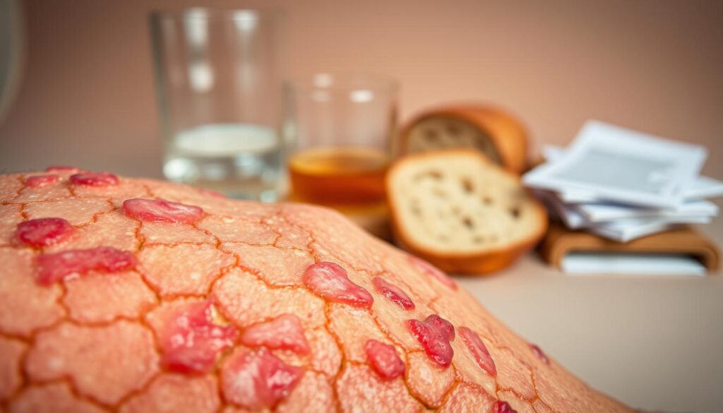 A high-contrast close-up photograph of various common psoriasis triggers, captured with a shallow depth of field. The foreground features a cracked, inflamed skin texture with raised, scaly patches, conveying the irritated, flaky appearance of psoriatic lesions. The middle ground showcases a selection of potential triggers, such as a glass of alcohol, a piece of bread, and a sample of stress-inducing paperwork, all blurred but still recognizable. The background is a soft, muted tone, allowing the key elements to stand out and draw the viewer's attention to the inflammatory nature of these psoriasis-provoking factors.