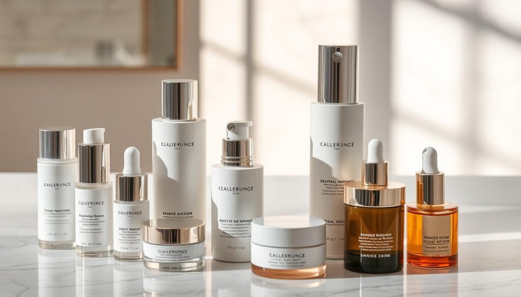 A high-end display of luxurious French skincare products, elegantly arranged on a white marble countertop. The products, in sleek, minimalist packaging, include facial serums, moisturizers, and beauty oils, all in a neutral color palette of whites, grays, and golds. Soft, natural lighting casts a warm, inviting glow, highlighting the premium textures and formulations. The image conveys a sense of sophistication, exclusivity, and the inherent quality associated with renowned French skincare brands.