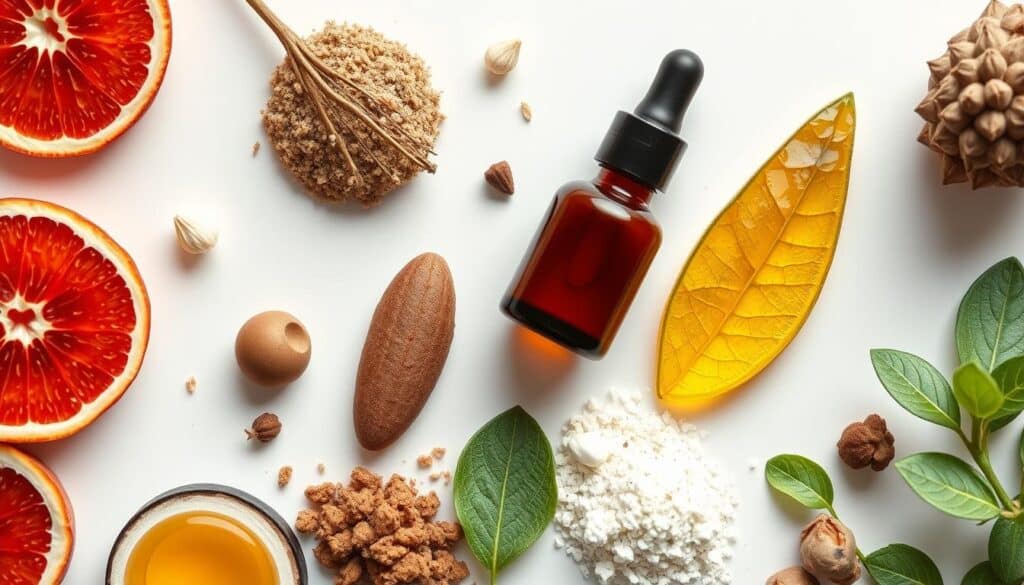 A high-quality close-up image of the key ingredients used in Remedy Skin Care products, arranged neatly on a clean white background. The ingredients are shown in their natural state, with vivid colors and textures that highlight their natural qualities. The lighting is soft and diffused, creating a bright, clean, and professional look. The arrangement is meticulously composed, with each ingredient placed in an aesthetically pleasing manner to create a harmonious and visually appealing composition. The overall mood is one of purity, transparency, and attention to detail, conveying the high-quality and natural nature of the Remedy Skin Care formulations.