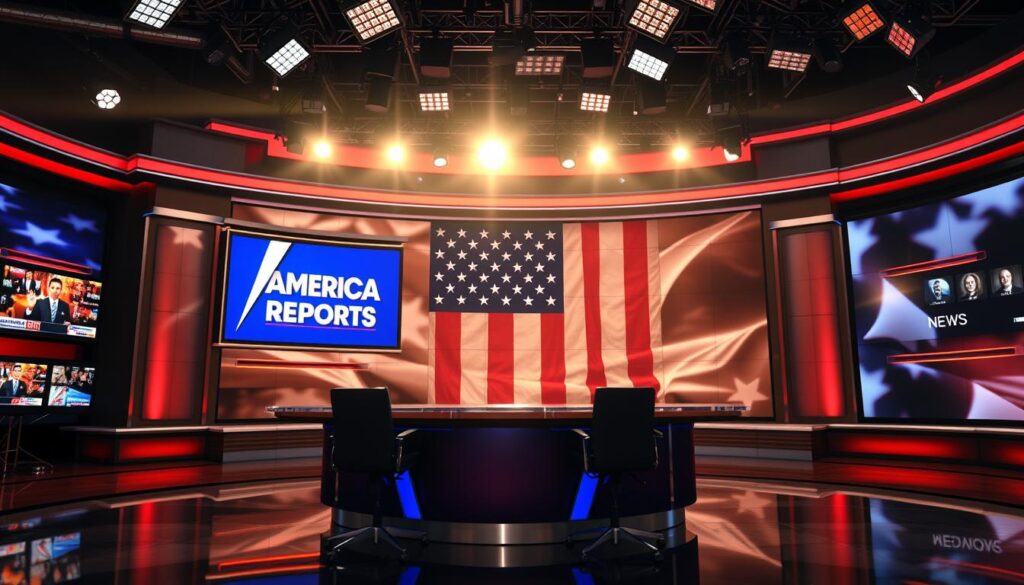 A high-quality, photorealistic shot of the "America Reports" news set on the Fox News channel. The foreground features the anchor desk with two chairs, a large curved monitor displaying the "America Reports" logo, and an array of studio lighting overhead. The middle ground showcases a dynamic background with a giant video wall displaying various news graphics and footage. The rear background has a large American flag displayed prominently, creating a patriotic and authoritative atmosphere. Warm, natural lighting from the side and overhead illuminates the set, casting dramatic shadows and highlights. The camera angle is a low, wide shot to capture the scale and grandeur of the news studio. A high-quality, photorealistic shot of the "America Reports" news set on the Fox News channel. The foreground features the anchor desk with two chairs, a large curved monitor displaying the "America Reports" logo, and an array of studio lighting overhead. The middle ground showcases a dynamic background with a giant video wall displaying various news graphics and footage. The rear background has a large American flag displayed prominently, creating a patriotic and authoritative atmosphere. Warm, natural lighting from the side and overhead illuminates the set, casting dramatic shadows and highlights. The camera angle is a low, wide shot to capture the scale and grandeur of the news studio.