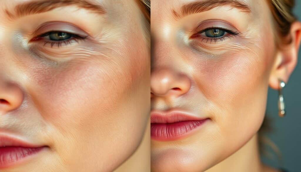 A high-resolution close-up photograph of a woman's face, shot with a Canon DSLR camera using a 60mm macro lens. The lighting is soft and diffused, creating a warm, glowing effect that highlights the skin's texture and tone. The left side of the frame shows the woman's face before using Revive Skin Care, with visible signs of dryness, fine lines, and uneven complexion. The right side showcases the same woman's face after regularly using Revive Skin Care, revealing a radiant, youthful, and rejuvenated appearance with a smooth, hydrated, and blemish-free complexion. The background is blurred, placing the focus entirely on the dramatic transformation of the skin.