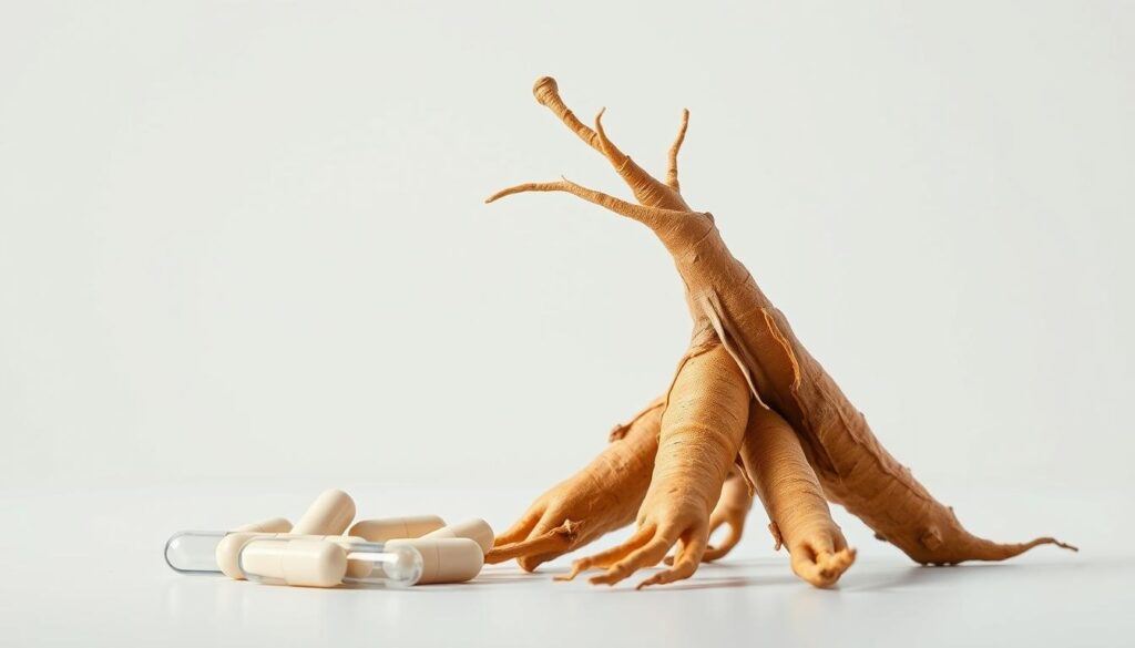 A high-resolution, highly detailed image of Panax ginseng roots and L-arginine capsules set against a clean, minimalist background. The ginseng roots, with their distinct finger-like shape and warm, earthy tones, are prominently displayed in the foreground, while the L-arginine capsules are positioned alongside, capturing their pale, cylindrical form. The lighting is soft and even, accentuating the natural textures and colors of the subjects. The composition is well-balanced, with a focus on highlighting the key differences and similarities between the two natural remedies. The overall mood is one of scientific curiosity and educational intent, inviting the viewer to closely examine and compare the two ingredients.