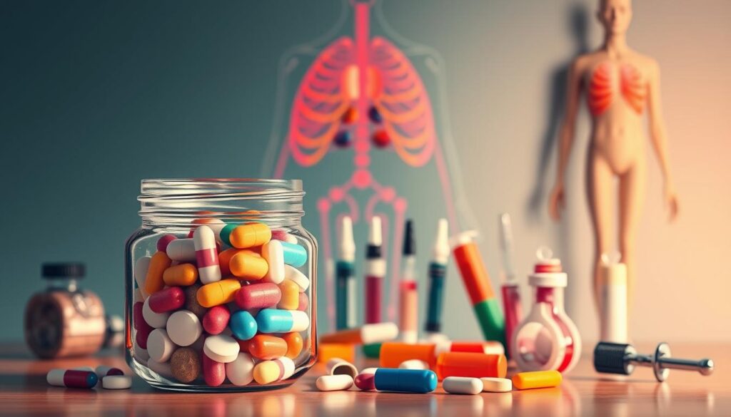 A high-resolution, intricate digital illustration depicting various scleroderma treatment options. In the foreground, a clear glass jar filled with an array of colorful pills, capsules, and tablets, representing the pharmacological therapies available. In the middle ground, several medical instruments such as syringes, inhalers, and topical creams, showcasing the range of therapeutic approaches. In the background, a stylized rendering of the human body, highlighting the affected areas typically targeted by scleroderma treatments. The overall scene is bathed in a warm, muted color palette, conveying a sense of care and healing. The lighting is soft and diffused, creating depth and emphasis on the central elements. The composition is well-balanced, with a clean, professional aesthetic suitable for a medical publication. A high-resolution, intricate digital illustration depicting various scleroderma treatment options. In the foreground, a clear glass jar filled with an array of colorful pills, capsules, and tablets, representing the pharmacological therapies available. In the middle ground, several medical instruments such as syringes, inhalers, and topical creams, showcasing the range of therapeutic approaches. In the background, a stylized rendering of the human body, highlighting the affected areas typically targeted by scleroderma treatments. The overall scene is bathed in a warm, muted color palette, conveying a sense of care and healing. The lighting is soft and diffused, creating depth and emphasis on the central elements. The composition is well-balanced, with a clean, professional aesthetic suitable for a medical publication.
