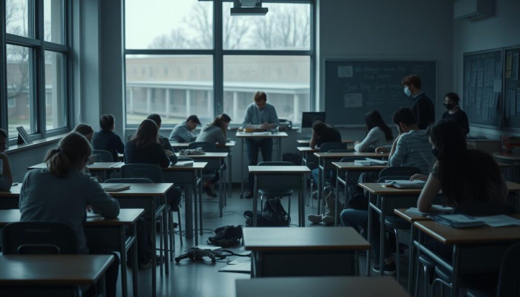 A high school classroom in disarray, students grappling with the challenges of remote learning during the pandemic. Desks scattered, some empty, others occupied by distracted teens. The teacher, visibly overwhelmed, attempts to maintain order amidst the chaos. Muted tones of blue and gray cast a somber mood, while a sense of uncertainty lingers in the air. Through the window, a blurred view of a shuttered campus, a stark reminder of the disruption to the educational system. The scene conveys the far-reaching implications of the pandemic on secondary education and college preparation.