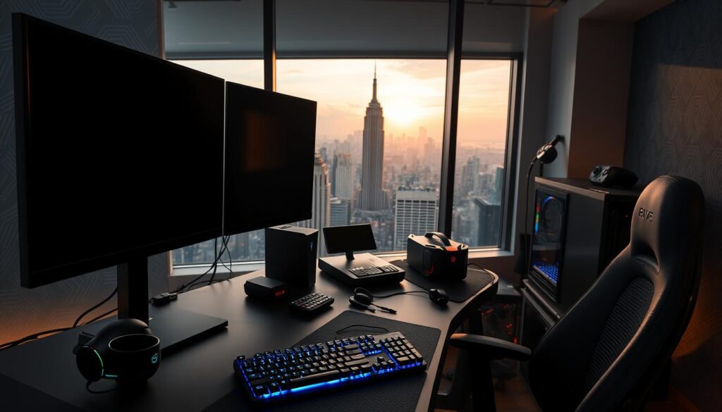 A high-tech gaming setup with sleek black monitors, RGB-lit keyboards, and state-of-the-art gaming rigs. In the foreground, a stylish gamer's desk with a modern, minimalist design, featuring a gaming mouse, headphones, and a cup of coffee. Behind it, a floor-to-ceiling window overlooking a bustling city skyline, bathed in warm, golden hour lighting. The middle ground showcases an array of gaming peripherals, cables, and a gaming console, all neatly organized. The background blends seamlessly with a subtle, futuristic wallpaper pattern, creating a sense of depth and technological sophistication. The overall atmosphere is one of productivity, efficiency, and a passion for online gaming and content creation.