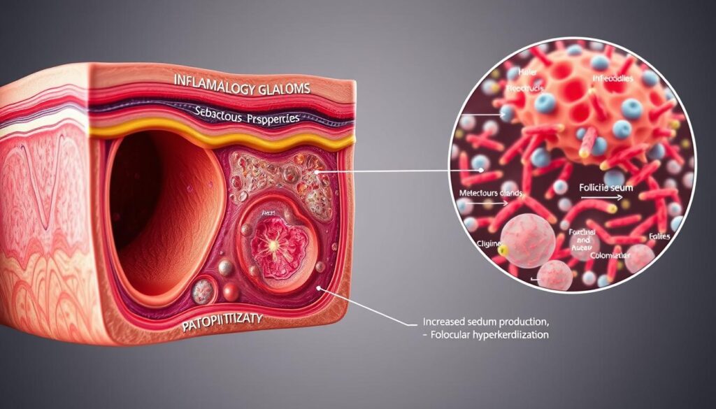 A highly detailed, anatomically accurate illustration of the pathophysiology of acne. The foreground depicts a cross-section of human skin, revealing the hair follicles, sebaceous glands, and bacterial colonies. The middle ground showcases the inflammatory response, with immune cells, cytokines, and chemical mediators. The background features a microscopic view of the cellular and molecular processes underlying acne formation, including increased sebum production, follicular hyperkeratinization, and Propionibacterium acnes colonization. The image is rendered in a scientific, clinical style with a neutral color palette, emphasizing the technical and educational nature of the subject matter. Precise lighting and camera angles highlight the intricate structures and pathological mechanisms involved in the development of acne. A highly detailed, anatomically accurate illustration of the pathophysiology of acne. The foreground depicts a cross-section of human skin, revealing the hair follicles, sebaceous glands, and bacterial colonies. The middle ground showcases the inflammatory response, with immune cells, cytokines, and chemical mediators. The background features a microscopic view of the cellular and molecular processes underlying acne formation, including increased sebum production, follicular hyperkeratinization, and Propionibacterium acnes colonization. The image is rendered in a scientific, clinical style with a neutral color palette, emphasizing the technical and educational nature of the subject matter. Precise lighting and camera angles highlight the intricate structures and pathological mechanisms involved in the development of acne.