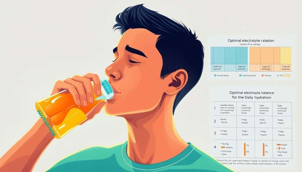 A highly detailed illustration showcasing various electrolyte absorption strategies. In the foreground, a person sipping from a vibrant, neon-colored liquid IV pouch, their face flushed with hydration. The middle ground features a diagram of the digestive system, highlighting the mechanisms of electrolyte uptake. In the background, a minimalist, scientific-style chart displays the optimal electrolyte balance for daily hydration. Soft, directional lighting illuminates the scene, casting subtle shadows and highlighting the textures of the materials. The overall tone is informative and visually engaging, perfectly suited to complement the article's section on maximizing the benefits of liquid IV consumption.