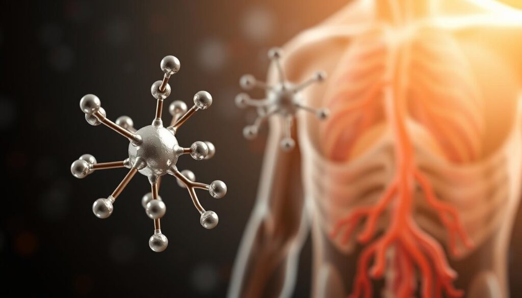 A highly detailed, photorealistic illustration of the molecular structure and mechanism of action of L-arginine. Depicted in the foreground is a three-dimensional model of the L-arginine molecule, its chemical bonds and atoms rendered with precision. In the middle ground, a network of interconnected biological pathways and cellular processes is shown, illustrating how L-arginine triggers the production of nitric oxide and its subsequent effects on blood flow and vasodilation. The background features a soft, out-of-focus backdrop of anatomical imagery, suggesting the physiological context. The lighting is natural and directional, creating depth and emphasizing the key elements. The overall tone is educational, conveying the scientific principles behind L-arginine's potential for treating erectile dysfunction.
