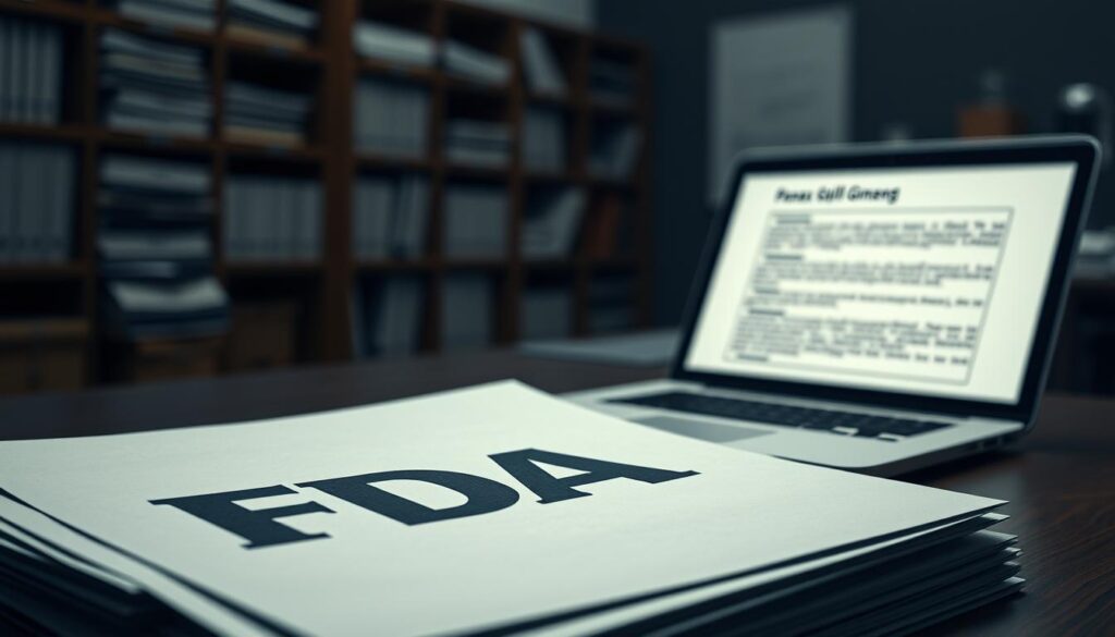 A highly detailed, photorealistic image of FDA regulatory documents related to Panax Ginseng. In the foreground, a stack of official-looking papers and forms with the FDA logo prominently displayed. In the middle ground, an open laptop or tablet displaying information about Panax Ginseng's legal status and regulations. In the background, a dimly lit office or government agency setting, with shelves of other documents and files visible. The lighting is subdued, with a sense of seriousness and authority. The overall mood conveys the importance and gravity of the legal and regulatory landscape surrounding this herbal supplement.