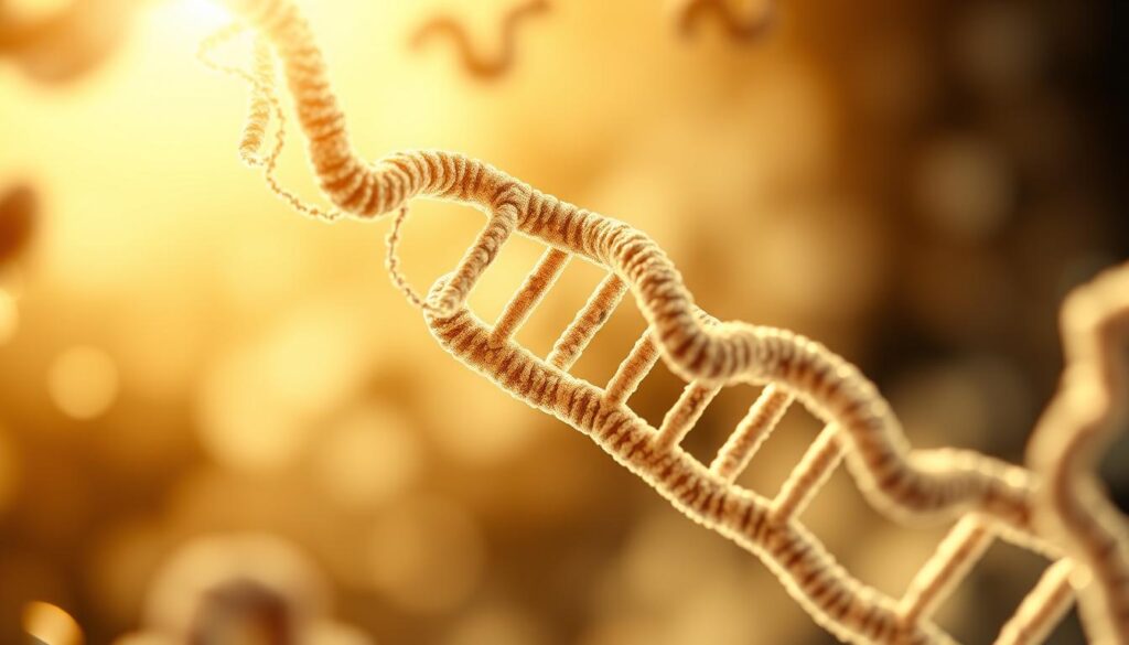 A highly detailed, scientifically accurate illustration of the UBE3A gene, captured through the lens of a high-resolution microscope. The gene structure is presented in a clear, labeled diagram, with the molecular components and coding regions distinctly visible. The image is bathed in a soft, warm lighting that accentuates the intricate details, creating a sense of scientific elegance. The background is subtly blurred, allowing the viewer to focus solely on the central subject matter. The overall visual tone conveys a sense of professionalism and educational value, suitable for inclusion in a scientific publication on Angelman syndrome.