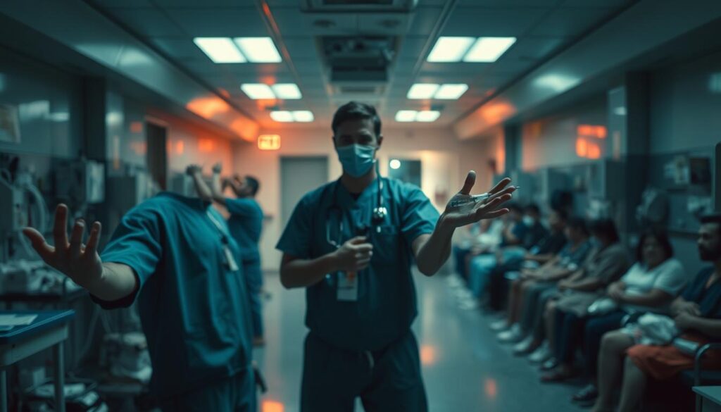 A hospital emergency room, dimly lit with an eerie glow from the overhead lights. In the foreground, a medical professional in scrubs and a face mask stands, their hands outstretched, holding a syringe. The middle ground is filled with a sense of urgency, with medical equipment and supplies scattered across the scene. In the background, a blurred view of patients waiting anxiously, their expressions conveying a mix of fear and hope. The atmosphere is tense, with a sense of unease and the need for decisive action. The image captures the essence of an "emergency use" scenario, reflecting the challenging and uncertain times faced during a public health crisis.