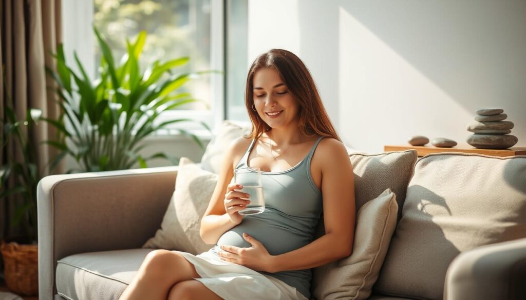 A hydrated woman sitting on a comfortable couch, cradling a glass of water against her lower abdomen, with a serene expression on her face. The room is bathed in soft, natural lighting, creating a calming atmosphere. In the background, lush greenery and soothing natural elements, such as stones or plants, add to the sense of tranquility. The overall scene conveys the idea of finding relief from premenstrual discomfort through proper hydration and self-care.