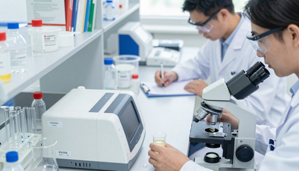 A laboratory scene focused on pesticide testing in infant formula. In the foreground, a well-organized lab bench displays a variety of scientific equipment: beakers, pipettes, and a chromatograph, with labels indicating pesticide types. A close-up of an infant formula sample being analyzed under a microscope adds detail. In the middle ground, a researcher, dressed in a white lab coat and safety goggles, carefully records data on a clipboard, embodying professionalism and focus. The background features shelves with books on safety standards and containers of various testing chemicals. Bright, natural lighting streams in from a window, creating a clean, sterile atmosphere. The angle is a slight overhead view, allowing for a comprehensive perspective of the testing process, conveying seriousness and diligence in ensuring infant safety.