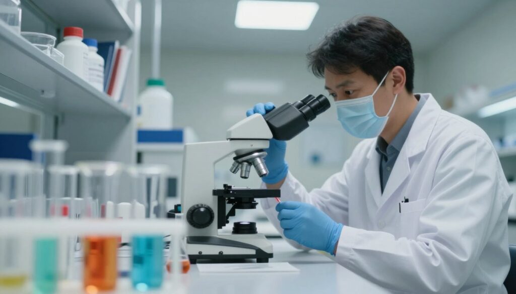 A laboratory setting illustrating the concerns about synthetic compounds like PFAS and phthalates in infant formula. In the foreground, a close-up of glass beakers filled with colorful liquid samples, representative of chemical analysis. The mid-ground features a researcher in a white lab coat, carefully examining a sample under a microscope, portraying a sense of scrutiny and professionalism. In the background, shelves lined with scientific literature and safety equipment, creating an atmosphere of a meticulous research environment. Soft overhead lighting casts a clinical glow, emphasizing the seriousness of the research. The composition should evoke a mood of caution and diligence, reflecting the gravity of the topic while ensuring a non-threatening, informative visual.